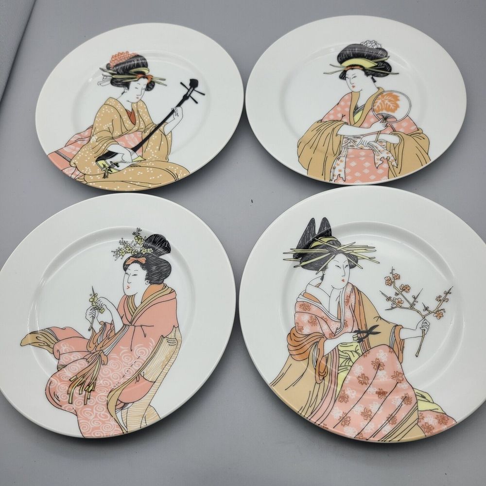Fitz Floyd GEISHA Set (4) Salad Plates Various Design White Background 7.5" New